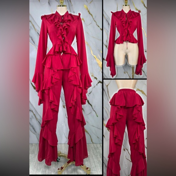 RED 2PCs Ruffled Pant Set - Picture 2 of 15